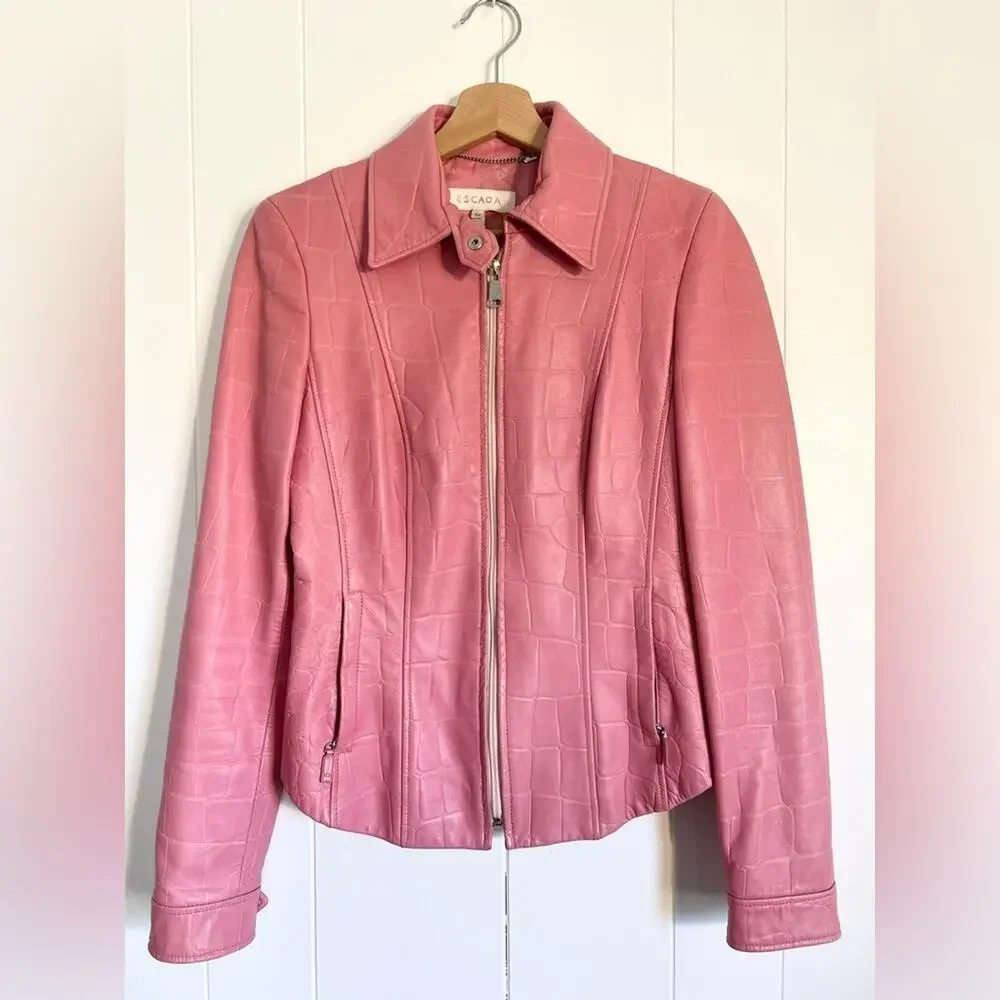 Escada 2/4 vintage RARE pink lamb leather skirt suit jacket set fall unique